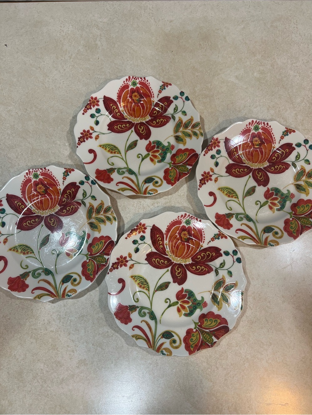 Pier 1 Beatrice Jacobean Red and Orange Floral Scalloped Salad Plates - Set of 4
